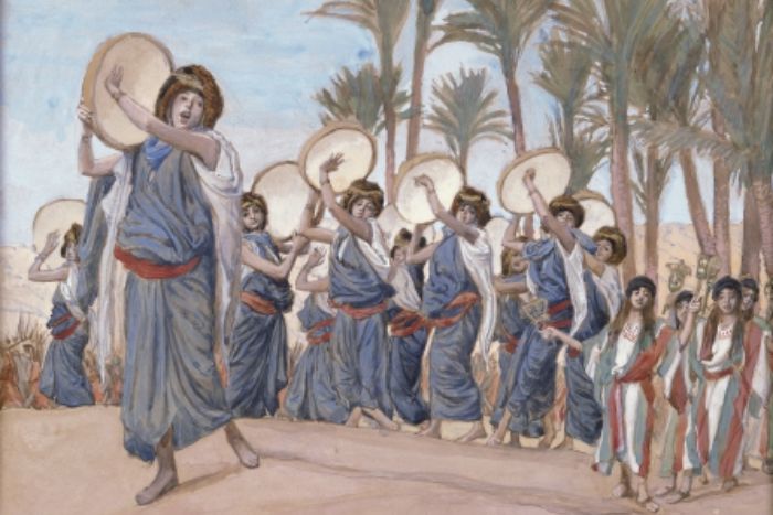 Illustration of Biblical women dancing and singing 