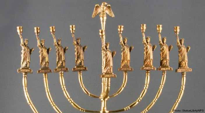 Menorah with Statue of Liberty candle holders