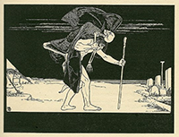 Woodcut of a man wandering with a staff in his hand, bent over from the weight of carrying a skeleton draped in black on his back.