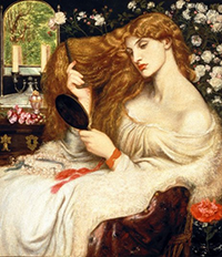 Painting of a white woman with red hair in a white dressing gown surrounded by flowers brushing her hair while gazing into a hand mirror.