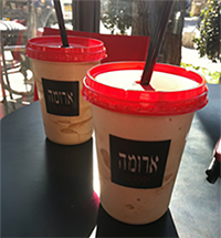 an image of two glasses of Icecafe, a sweet, ice cream coffee drink from Israel's most popular coffee chain, Aroma