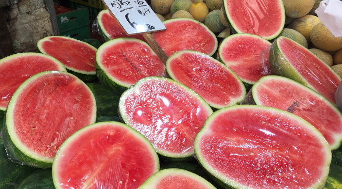 Watermelon halves on display in Israeli market