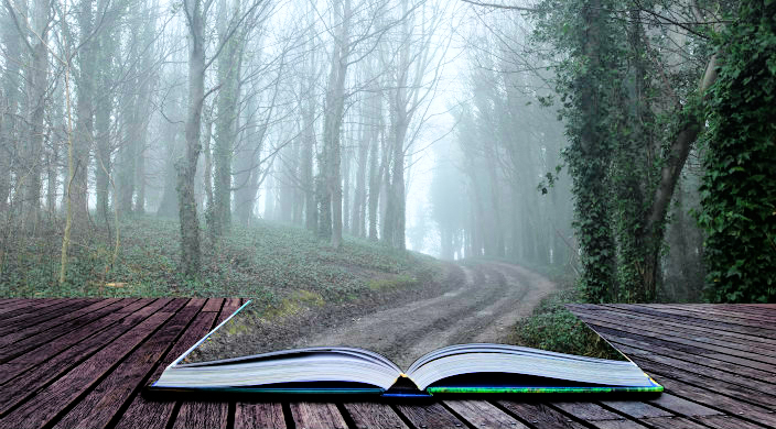 Open book showing a path leading off into a forest