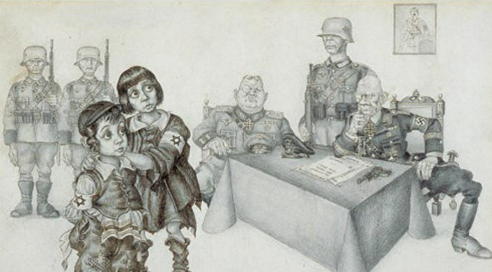 Drawing by Arthur Szyk portrays two Jewish children hugging one another while facing a group of adult male Nazis in uniform