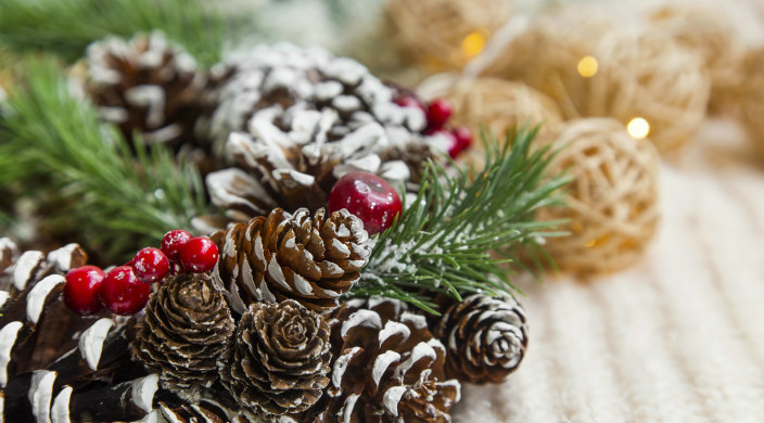 Closeup of a pinecone wreath with berries