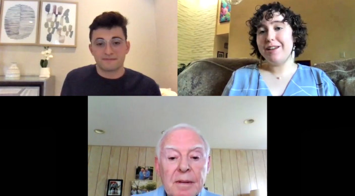 Screenshot of a Zoom call featuring three teenagers and one elderly man