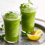 an image of two glasses of Limonana, a green, sweet, tart drink which blens fresh lemon, mint, sugar syrup, water and ice