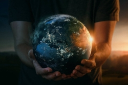 Hands holding a glowing planet Earth