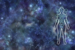 Blue and white space imagery with a floating illustrated outline of a human body