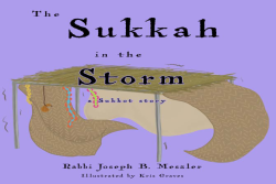 purple book cover with book title "The Sukkah in the Storm: A Sukkot Story" and an image of a sukkah blowing in the wind