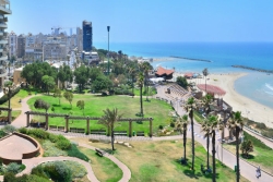 View of coastal Netanya Israel with both industrial buildings and lush beaches in view