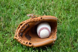 Baseball and glove sitting on a vibrant green grass field