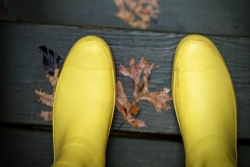 Yellow raise boots on a wet wooden surface covered in leaves 