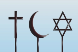 Jewish Christian and Muslim symbols in black against a light blue background