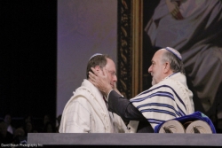 Rabbi David Ellenson holding the face of Rabbi Aaron Panken as he passes on the presidency of Hebrew Union College at Rabbi Pankens 2014 installation 