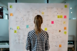 Blond woman facing a flowchart covered in data and PostIt notes