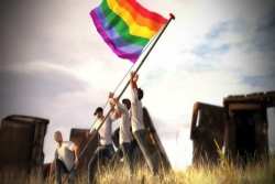 Men in white tees holding up an LGBTQ rainbow flag 