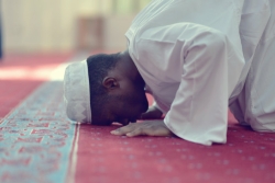 Muslim man bent in prayer over an ornate prayer rug