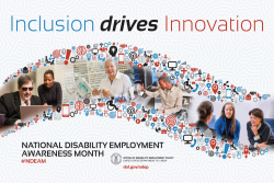 The Department of Labor's 2017 National Disability Employment Awareness Month poster. A ribbon shows various people with disabilities at work under a title which reads "Inclusion Drives Innovation"