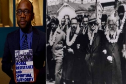 On one side is Reverend Cornell Williams holding the new book and on the other side is the historic black and white photo of MLK and other black civil rights leaders walking arm in arm with Rabbi Maurice Eisendrath and other Jewish leaders 