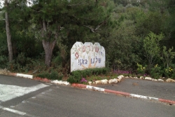 Sign along roadway that says Shorashim (name of Israeli town in the north)