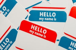 Nametags in blue and red