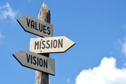 Wooden sign post with three directional signs: Values, Mission, and Vision