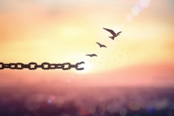Heavy link chain in shadow across the sky; last link is broken and three birds fly free, away from the chain