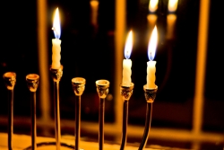 The Hanukkah (Chanukah) menorah (hanukkiyah) is lit during the Jewish Festival of Lights.