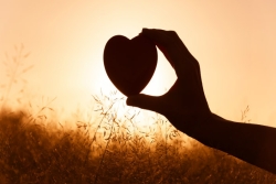 Hand holding heart-shaped object against sunlight