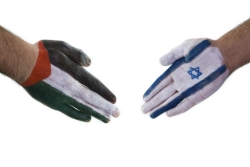 hand painted like Palestinian flag and hand painted like Israeli flag getting ready to shake