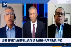 Screenshot of Rabbi Rick Jacobs and Dr John Eaves appearing on an Israeli news program