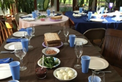 Seder table with more than a dozen place settings 