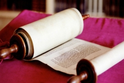 Open Torah scroll lying on a pink fabric