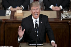 President Donald Trump standing at a podium and speaking during his joint address to Congress