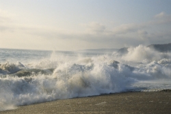 White-foamed waves crashing on the beach
