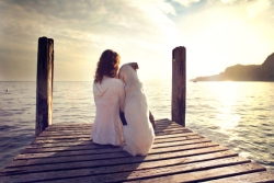 woman with a yellow lab dog on a dock at sunset